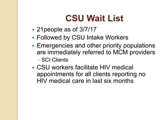 CSU Wait List
 21people as of 3/7/17
 Followed by CSU Intake Workers
 Emergencies and other priority populations
are immediately referred to MCM providers
◦ SCI Clients
 CSU workers facilitate HIV medical
appointments for all clients reporting no
HIV medical care in last six months
 