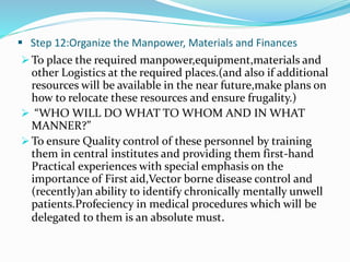  Step 12:Organize the Manpower, Materials and Finances
 To place the required manpower,equipment,materials and
other Logistics at the required places.(and also if additional
resources will be available in the near future,make plans on
how to relocate these resources and ensure frugality.)
 “WHO WILL DO WHAT TO WHOM AND IN WHAT
MANNER?”
 To ensure Quality control of these personnel by training
them in central institutes and providing them first-hand
Practical experiences with special emphasis on the
importance of First aid,Vector borne disease control and
(recently)an ability to identify chronically mentally unwell
patients.Profeciency in medical procedures which will be
delegated to them is an absolute must.
 