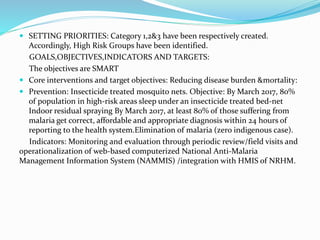  SETTING PRIORITIES: Category 1,2&3 have been respectively created.
Accordingly, High Risk Groups have been identified.
GOALS,OBJECTIVES,INDICATORS AND TARGETS:
The objectives are SMART
 Core interventions and target objectives: Reducing disease burden &mortality:
 Prevention: Insecticide treated mosquito nets. Objective: By March 2017, 80%
of population in high-risk areas sleep under an insecticide treated bed-net
Indoor residual spraying By March 2017, at least 80% of those suffering from
malaria get correct, affordable and appropriate diagnosis within 24 hours of
reporting to the health system.Elimination of malaria (zero indigenous case).
Indicators: Monitoring and evaluation through periodic review/field visits and
operationalization of web-based computerized National Anti-Malaria
Management Information System (NAMMIS) /integration with HMIS of NRHM.
 