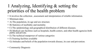 1 Analyzing, Identifying & setting the
priorities of the health problem
• It involves the collection , assessment and interpretation of reliable information.
• Minimum data:
• A) The population, its age and sex structure.
• B) Statistics of morbidity and mortality
• C) The epidemiology and geographical distribution of different diseases.
• D) Medical care facilities such as hospitals, health centers, and other health agencies-both
public and private.
• E) The technical manpower of various categories
• F) Training facilities available
• G) Attitudes and beliefs of the population towards disease, its cure and prevention.
• Community Diagnosis
 