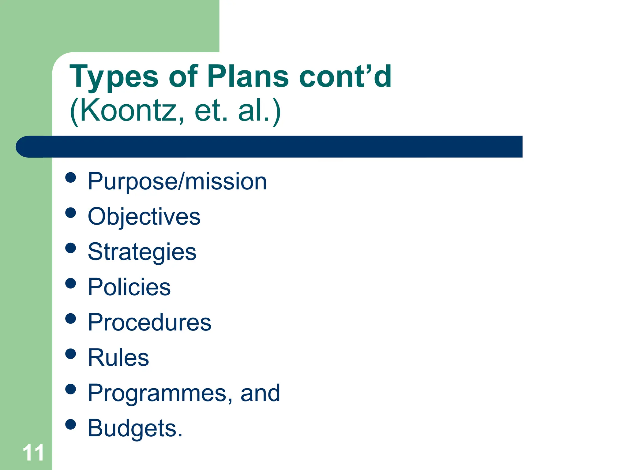 11
11
Types of Plans cont’d
(Koontz, et. al.)
 Purpose/mission
 Objectives
 Strategies
 Policies
 Procedures
 Rules
 Programmes, and
 Budgets.
 