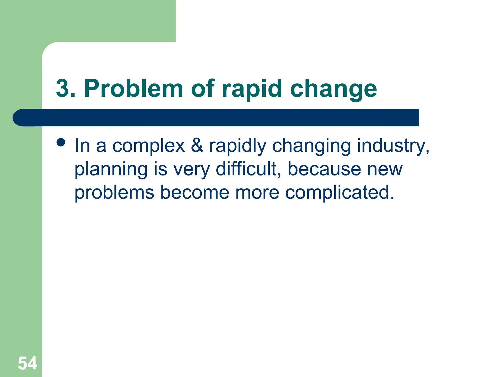 54
54
3. Problem of rapid change
 In a complex & rapidly changing industry,
planning is very difficult, because new
problems become more complicated.
 