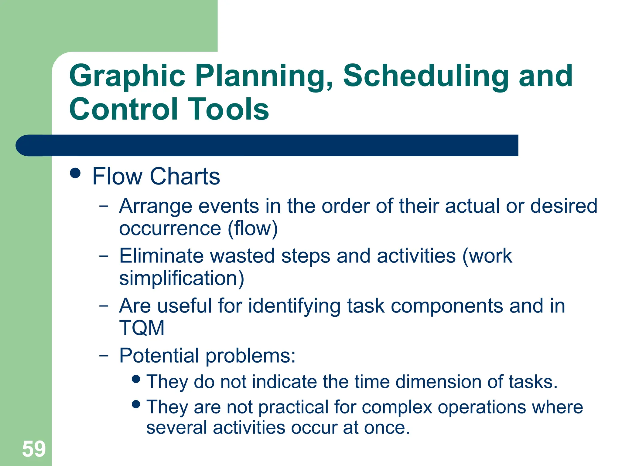 59
Graphic Planning, Scheduling and
Control Tools
 Flow Charts
– Arrange events in the order of their actual or desired
occurrence (flow)
– Eliminate wasted steps and activities (work
simplification)
– Are useful for identifying task components and in
TQM
– Potential problems:
They do not indicate the time dimension of tasks.
They are not practical for complex operations where
several activities occur at once.
 