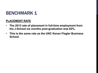 BENCHMARK 1 
PLACEMENT RATE 
• The 2013 rate of placement in full-time employment from 
the J-School six months post-gradu...