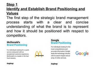 Step 1
Identify and Establish Brand Positioning and
Values
The first step of the strategic brand management
process starts with a clear and concise
understanding of what the brand is to represent
and how it should be positioned with respect to
competitors.
 