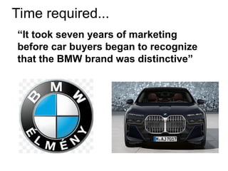 Time required...
“It took seven years of marketing
before car buyers began to recognize
that the BMW brand was distinctive”
 