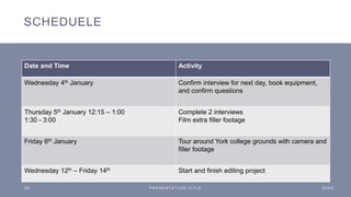 SCHEDUELE
Date and Time Activity
Wednesday 4th January Confirm interview for next day, book equipment,
and confirm questions
Thursday 5th January 12:15 – 1:00
1:30 - 3:00
Complete 2 interviews
Film extra filler footage
Friday 6th January Tour around York college grounds with camera and
filler footage
Wednesday 12th – Friday 14th Start and finish editing project
2 8 P R E S E N T A T I O N T I T L E 2 0 X X
 