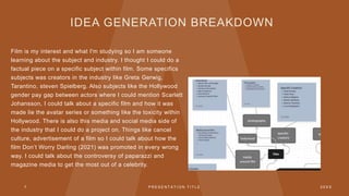 IDEA GENERATION BREAKDOWN
Film is my interest and what I'm studying so I am someone
learning about the subject and industry. I thought I could do a
factual piece on a specific subject within film. Some specifics
subjects was creators in the industry like Greta Gerwig,
Tarantino, steven Spielberg. Also subjects like the Hollywood
gender pay gap between actors where I could mention Scarlett
Johansson, I could talk about a specific film and how it was
made lie the avatar series or something like the toxicity within
Hollywood. There is also this media and social media side of
the industry that I could do a project on. Things like cancel
culture, advertisement of a film so I could talk about how the
film Don’t Worry Darling (2021) was promoted in every wrong
way. I could talk about the controversy of paparazzi and
magazine media to get the most out of a celebrity.
7 P R E S E N T A T I O N T I T L E 2 0 X X
 