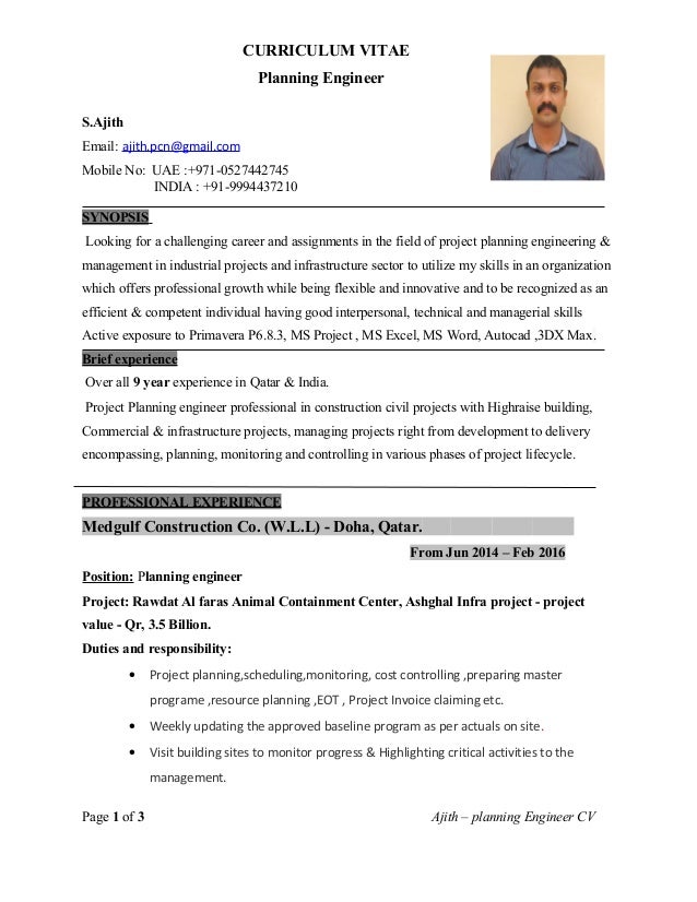 planning engineer cv with 9 yrs experience 1 cv for civil site engineer