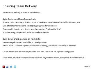 14 of 24
Ensuring Team Delivery
Same team to bid, estimate and deliver
Agile Sprints and Burn Down charts
Scrum: daily meetings, limited sprints to develop end-to-end testable features, etc.
Use of Burn Down charts to display progress for all to see
Team really buy-in and like to see themselves “below the line”
Suitable length expected to be around 4-6 weeks
Burn Down chart example on next slide:
Interesting dynamics and effects clearly visible
VHDL Team, 10 week sprint which was too long, too much to verify at the end
Co-locate teams whenever possible and mix the team disciplines and grades
Flexi-time, reward/recognise contribution beyond the norm, exceptional results bonus
 