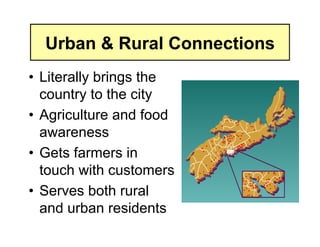 Urban & Rural Connections
•  Literally brings the
   country to the city
•  Agriculture and food
   awareness
•  Gets farmers in
   touch with customers
•  Serves both rural
   and urban residents
 