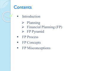 ▪ Introduction
Contents
▪ FP Process
▪ FP Concepts
▪ FP Misconceptions
➢ Planning
➢ Financial Planning (FP)
➢ FP Pyramid
 