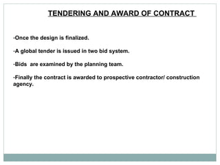 TENDERING AND AWARD OF CONTRACT  Once the design is finalized.  A global tender is issued in two bid system.  Bids  are examined by the planning team.  Finally the contract is awarded to prospective contractor/ construction agency.  