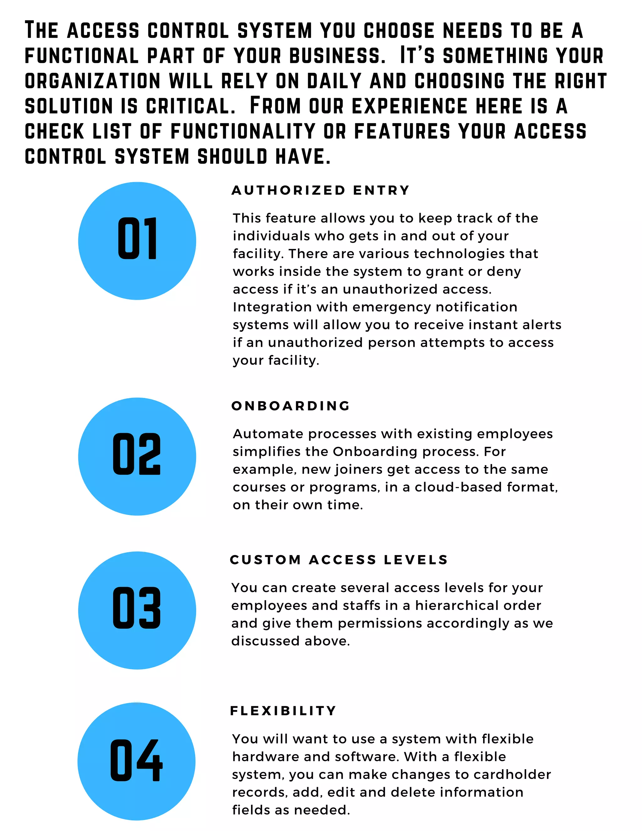 01
This feature allows you to keep track of the
individuals who gets in and out of your
facility. There are various technologies that
works inside the system to grant or deny
access if it’s an unauthorized access.
Integration with emergency notification
systems will allow you to receive instant alerts
if an unauthorized person attempts to access
your facility.
A U T H O R I Z E D E N T R Y
The access control system you choose needs to be a
functional part of your business.  It’s something your
organization will rely on daily and choosing the right
solution is critical.  From our experience here is a
check list of functionality or features your access
control system should have.
02
Automate processes with existing employees
simplifies the Onboarding process. For
example, new joiners get access to the same
courses or programs, in a cloud-based format,
on their own time.
O N B O A R D I N G
03
You can create several access levels for your
employees and staffs in a hierarchical order
and give them permissions accordingly as we
discussed above.
C U S T O M A C C E S S L E V E L S
04
You will want to use a system with flexible
hardware and software. With a flexible
system, you can make changes to cardholder
records, add, edit and delete information
fields as needed.
F L E X I B I L I T Y
 