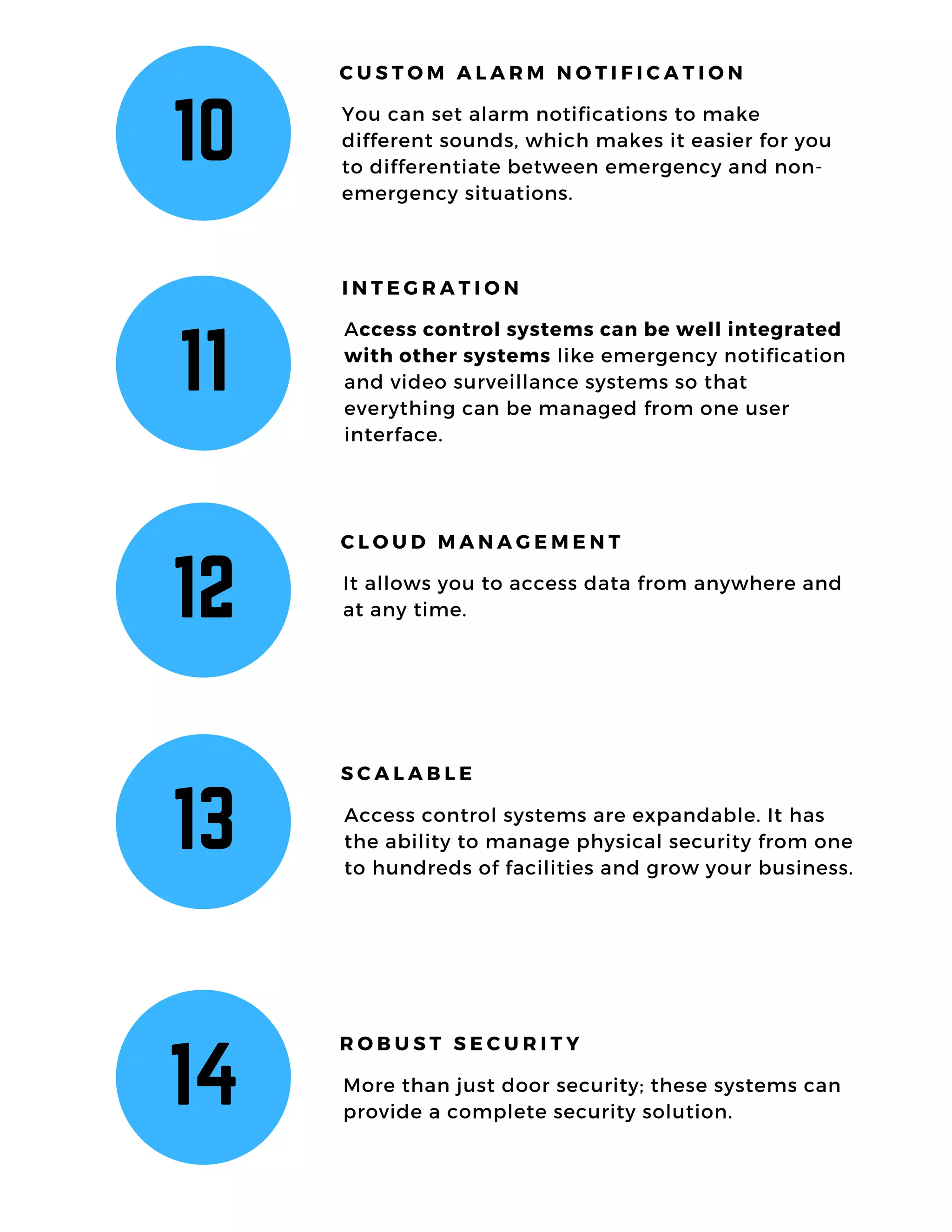 10
You can set alarm notifications to make
different sounds, which makes it easier for you
to differentiate between emergency and non-
emergency situations.
C U S T O M A L A R M N O T I F I C A T I O N
11
Access control systems can be well integrated
with other systems like emergency notification
and video surveillance systems so that
everything can be managed from one user
interface.
I N T E G R A T I O N
12 It allows you to access data from anywhere and
at any time.
C L O U D M A N A G E M E N T
13 Access control systems are expandable. It has
the ability to manage physical security from one
to hundreds of facilities and grow your business.
S C A L A B L E
14 More than just door security; these systems can
provide a complete security solution.
R O B U S T S E C U R I T Y
 