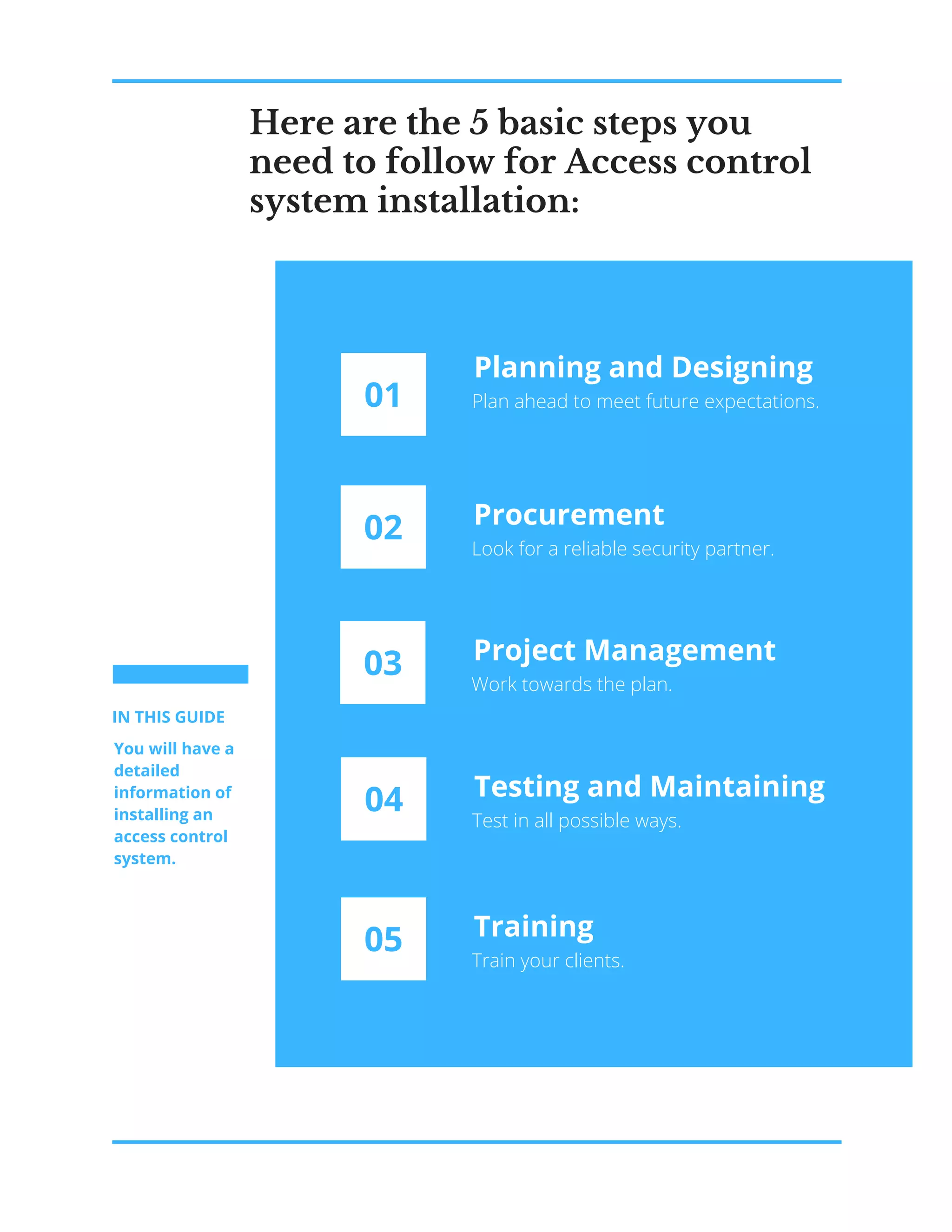 Here are the 5 basic steps you
need to follow for Access control
system installation:
01
Planning and Designing
Plan ahead to meet future expectations.
02 Procurement
Look for a reliable security partner.
03 Project Management
Work towards the plan.
04 Testing and Maintaining
Test in all possible ways.
05 Training
Train your clients.
You will have a
detailed
information of
installing an
access control
system.
IN THIS GUIDE
 