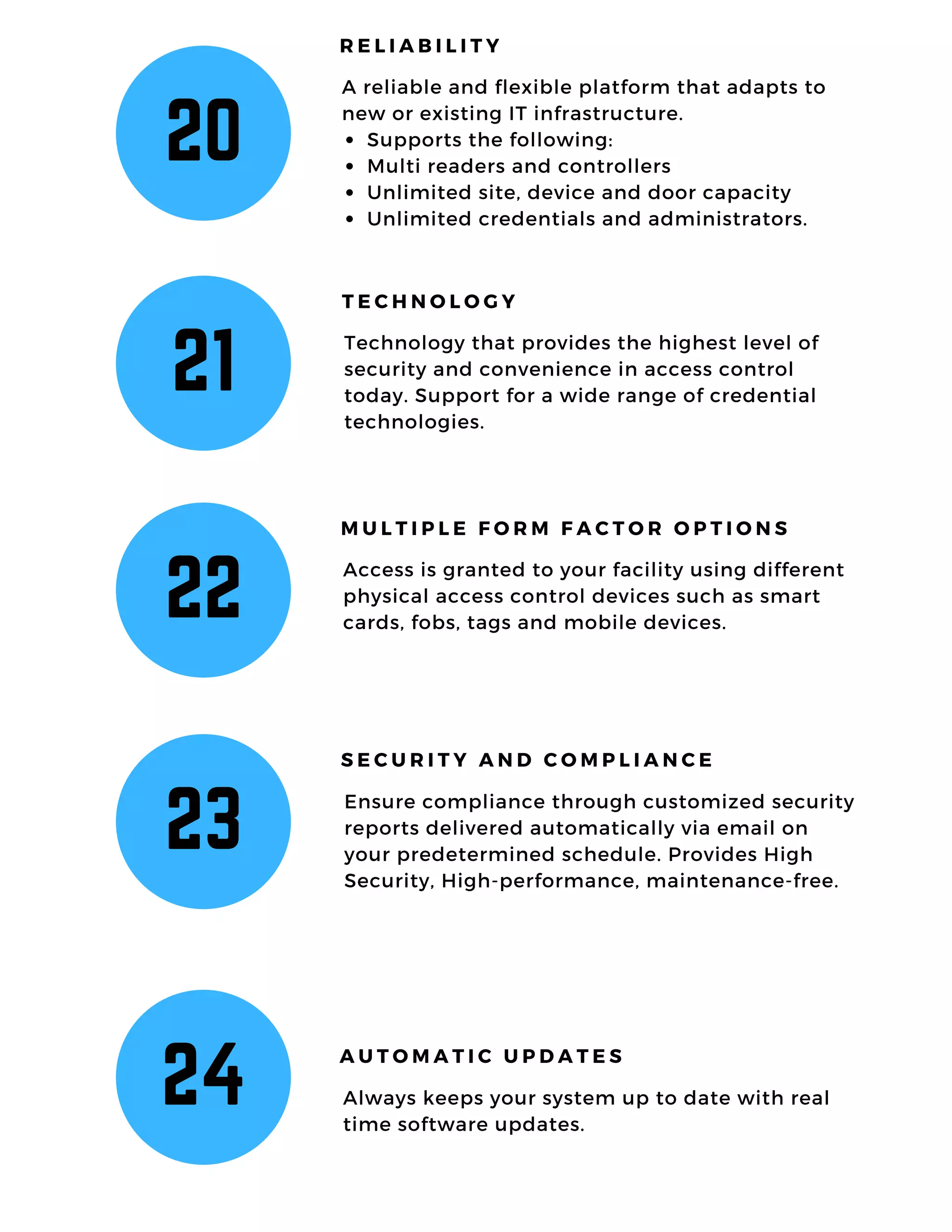 20
A reliable and flexible platform that adapts to
new or existing IT infrastructure.
Supports the following:
Multi readers and controllers
Unlimited site, device and door capacity
Unlimited credentials and administrators.
R E L I A B I L I T Y
21
Technology that provides the highest level of
security and convenience in access control
today. Support for a wide range of credential
technologies.
T E C H N O L O G Y
22
Access is granted to your facility using different
physical access control devices such as smart
cards, fobs, tags and mobile devices.
M U L T I P L E F O R M F A C T O R O P T I O N S
23
Ensure compliance through customized security
reports delivered automatically via email on
your predetermined schedule. Provides High
Security, High-performance, maintenance-free.
S E C U R I T Y A N D C O M P L I A N C E
24 Always keeps your system up to date with real
time software updates.
A U T O M A T I C U P D A T E S
 