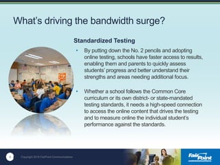 6 Copyright 2016 FairPoint Communications
What’s driving the bandwidth surge?
• By putting down the No. 2 pencils and adopting
online testing, schools have faster access to results,
enabling them and parents to quickly assess
students’ progress and better understand their
strengths and areas needing additional focus.
• Whether a school follows the Common Core
curriculum or its own district- or state-mandated
testing standards, it needs a high-speed connection
to access the online content that drives the testing
and to measure online the individual student’s
performance against the standards.
6
Standardized Testing
 