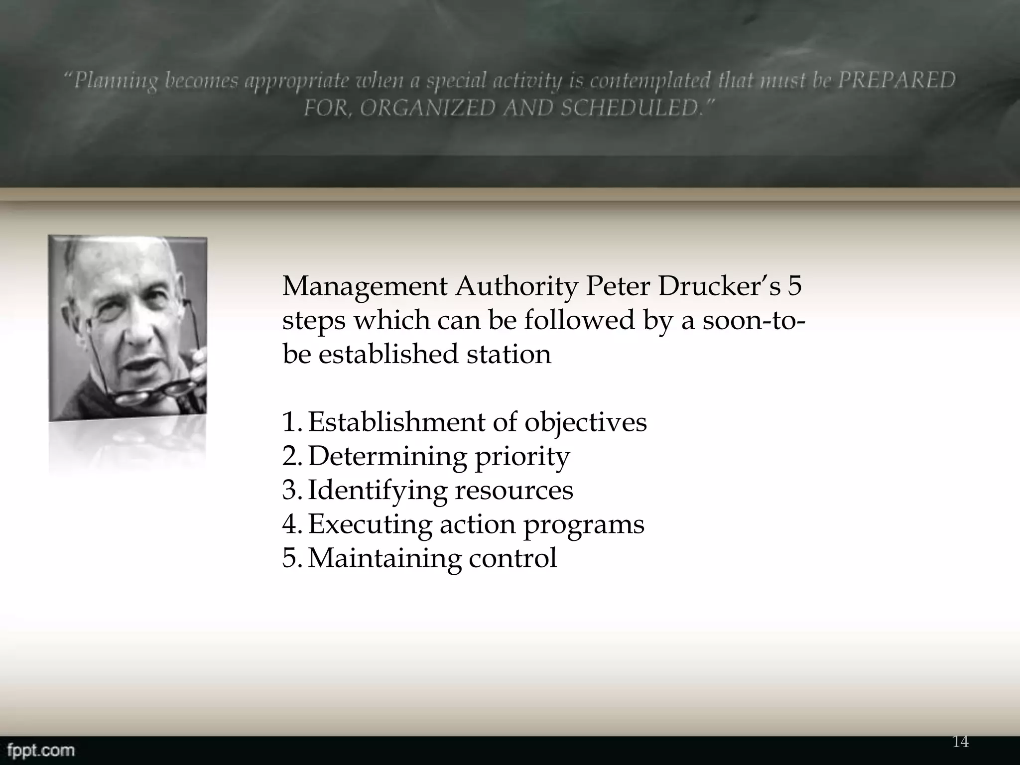 Management Authority Peter Drucker’s 5
steps which can be followed by a soon-to-
be established station
1.Establishment of objectives
2.Determining priority
3.Identifying resources
4.Executing action programs
5.Maintaining control
14
 