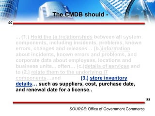 “”The CMDB should -... (1.) Hold the (a.)relationships between all system components, including incidents, problems, known errors, changes and releases… (b.)information about incidents, known errors and problems, and corporate data about employees, locations and business units... often… (c.)details of services and to (2.) relate them to the underlying IT components…and(3.) store inventory details… such as suppliers, cost, purchase date, and renewal date for a license..SOURCE:Office of Government Commerce