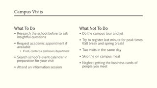 Campus Visits
What To Do
 Research the school before to ask
insightful questions
 Request academic appointment if
available
 If not, contact a professor/department
 Search school’s event calendar in
preparation for your visit
 Attend an information session
What Not To Do
 Do the campus tour and jet
 Try to register last minute for peak times
(fall break and spring break)
 Two visits in the same day
 Skip the on campus meal
 Neglect getting the business cards of
people you meet
 