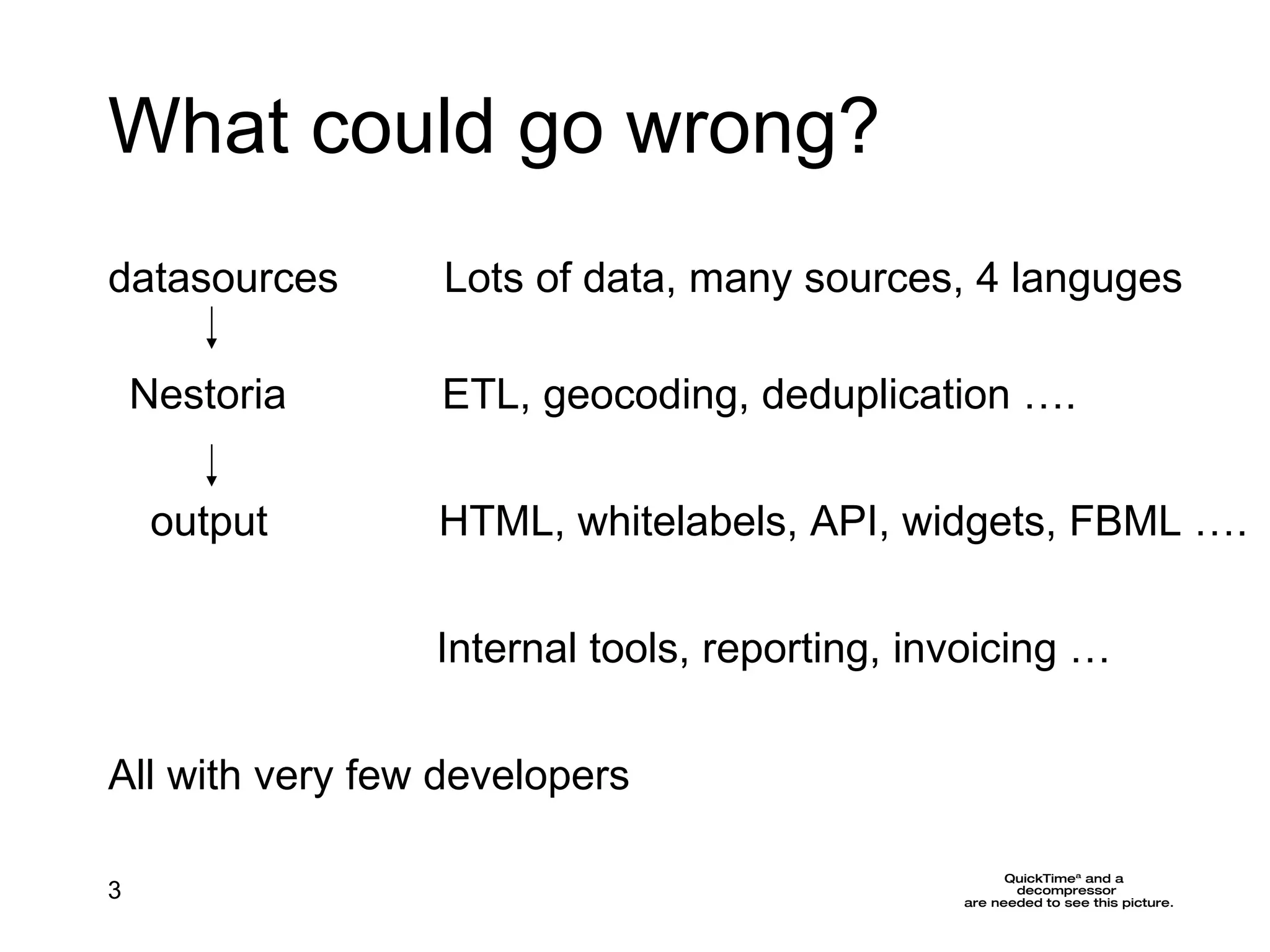 What could go wrong? datasources Nestoria output Lots of data, many sources, 4 languges ETL, geocoding, deduplication …. HTML, whitelabels, API, widgets, FBML …. All with very few developers Internal tools, reporting, invoicing … 