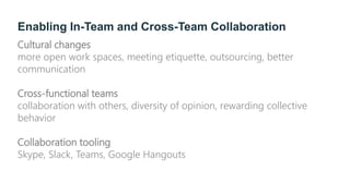 Enabling In-Team and Cross-Team Collaboration
Cultural changes
more open work spaces, meeting etiquette, outsourcing, better
communication
Cross-functional teams
collaboration with others, diversity of opinion, rewarding collective
behavior
Collaboration tooling
Skype, Slack, Teams, Google Hangouts
 