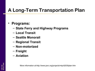 CEE320
Winter2006
A Long-Term Transportation Plan
• Programs:
– State Ferry and Highway Programs
– Local Transit
– Seattle Monorail
– Regional Transit
– Non-motorized
– Freight
– Aviation
More information at:http://www.psrc.org/projects/mtp/d2030plan.htm
 