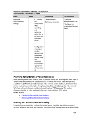 Planning for Enterprise Voice in Microsoft Lync Server 2010
Announcement Deployment Process

Phase                     Steps                       Permissions              Documentation

Configure                           • Create       CsAdministrator             "Configure
Announcement                        the            CsVoiceAdministrator        Announcement File"
settings                            announceme                                 "Configure the
                                    nt by                                      Unassigned Number
                                    recording                                  Table"
                                    and
                                    uploading
                                    audio files or
                                    by using text-
                                    to-speech
                                    (TTS).
                                    •

                                    Configure the
                                    unassigned
                                    number
                                    ranges in the
                                    unassigned
                                    number table
                                    and
                                    associate
                                    them with the
                                    appropriate
                                    announceme
                                    nt.



Planning for Enterprise Voice Resiliency
Voice resiliency refers to the ability of users to continue making and receiving calls in the event a
central site that hosts Microsoft Lync Server 2010 becomes unavailable, either through Wide-
Area Network (WAN) failure or other causes. In the event of central site failure, Enterprise Voice
service must continue uninterrupted through seamless failover to a backup site. In the event of
WAN failure, branch site calls must be redirected to a local PSTN gateway. This section
discusses planning for voice resiliency in the event of central-site or WAN failure.
In This Section
         •    Planning for Central Site Voice Resiliency
         •    Planning for Branch-Site Voice Resiliency


Planning for Central Site Voice Resiliency
Increasingly, enterprises have multiple sites spread across the globe. Maintaining emergency
services, access to help desk, and the ability to conduct critical business tasks when a central site


                                                                                              108
 