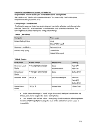 Planning for Enterprise Voice in Microsoft Lync Server 2010
Requirements for Full-Scale Lync Server Branch-Site Deployments
See “Determining Your Infrastructure Requirements” in “Determining Your Infrastructure
Requirements for Lync Server 2010”.

Configuring a Failover Route
 The following example shows how an administrator can define a failover route for use in the
event the Dallas-GW1 is brought down for maintenance, or is otherwise unavailable. The
following tables illustrate the required configuration change.

Table 1. User Policy

User policy                                              Phone usage

Default Calling Policy                                   Local
                                                         GlobalPSTNHopoff

Redmond Local Policy                                     RedmondLocal

Dallas Calling Policy                                    DallasUsers
                                                         GlobalPSTNHopoff


Table 2. Routes

Route name             Number pattern                         Phone usage         Gateway

Redmond Local          ^+1(425|206|253)(d{7})$              Local               Red-GW1
Route                                                         RedmondLocal        Red-GW2

Dallas Local           ^+1(972|214|469)(d{7})$              Local               Dallas-GW1
Route

Universal Route        ^+?(d*)$                             GlobalPSTNHopoff    Red-GW1
                                                                                  Red-GW2
                                                                                  Dallas-GW1

Dallas Users           ^+?(d*)$                             DallasUsers         Dallas-GW1
Route


         • In the previous example, a phone usage of GlobalPSTNHopoff is added after the
         DallasUsers phone usage in the Dallas Calling Policy.
         • This enables calls with the Dallas Calling policy to use routes that are configured for
         the GlobalPSTNHopoff phone usage if a route for the DallasUsers phone usage is
         unavailable.




                                                                                            119
 