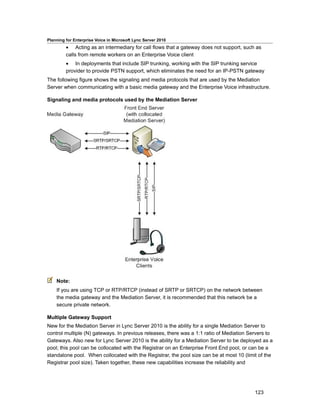 Planning for Enterprise Voice in Microsoft Lync Server 2010
         • Acting as an intermediary for call flows that a gateway does not support, such as
         calls from remote workers on an Enterprise Voice client
         • In deployments that include SIP trunking, working with the SIP trunking service
         provider to provide PSTN support, which eliminates the need for an IP-PSTN gateway
The following figure shows the signaling and media protocols that are used by the Mediation
Server when communicating with a basic media gateway and the Enterprise Voice infrastructure.

Signaling and media protocols used by the Mediation Server




    Note:
    If you are using TCP or RTP/RTCP (instead of SRTP or SRTCP) on the network between
    the media gateway and the Mediation Server, it is recommended that this network be a
    secure private network.

Multiple Gateway Support
New for the Mediation Server in Lync Server 2010 is the ability for a single Mediation Server to
control multiple (N) gateways. In previous releases, there was a 1:1 ratio of Mediation Servers to
Gateways. Also new for Lync Server 2010 is the ability for a Mediation Server to be deployed as a
pool; this pool can be collocated with the Registrar on an Enterprise Front End pool, or can be a
standalone pool. When collocated with the Registrar, the pool size can be at most 10 (limit of the
Registrar pool size). Taken together, these new capabilities increase the reliability and




                                                                                          123
 