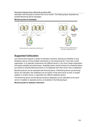 Planning for Enterprise Voice in Microsoft Lync Server 2010
associate it with the pools or servers that it is to monitor. The following figure illustrates two
possible Monitoring Server topologies.
Monitoring Server topologies




Supported Collocation
Lync Server 2010 supports a variety of collocation scenarios, allowing you flexibility to save
hardware costs by running multiple components on one physical server, if you have a small
organization, or to separate components onto different servers, if you have a larger organization
that needs scalability and performance. Scalability factors should certainly be considered before
you decide to collocate Monitoring Server or its databases with other server roles or databases.
Monitoring Server can be collocated with Archiving Server. If Monitoring Server and Archiving
Server are collocated, their databases can be hosted on that same server as well, or located
together on another server, or separated onto different database servers.
The Monitoring Server and the Monitoring Server databases can be collocated on the same
server or installed on separate servers, as illustrated in the following figure.
Monitoring Server database collocation




                                                                                                 133
 