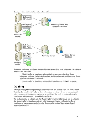 Planning for Enterprise Voice in Microsoft Lync Server 2010




The server hosting the Monitoring Server databases can also host other databases. The following
scenarios are supported:
         • Monitoring Server databases collocated with one or more other Lync Server
         databases, (including the back-end database, Archiving database, and Response Group
         application database, for example).
         •    Monitoring Server databases collocated with databases of third-party products.


Scaling
When you deploy Monitoring Server, you associate it with one or more Front End pools, and/or
Mediation Servers. Monitoring Server then collects data from the pools you have associated it
with. It is recommended, but not required, to have all Front End pools in the same Enterprise
deployment associated with a single Monitoring Server.
For best scalability, do not collocate the Monitoring Server with another server role or collocate
the Monitoring Server databases with any other databases. Hosting the Monitoring Server
databases on a separate computer from the Monitoring Server itself does not significantly
improve performance.




                                                                                             134
 