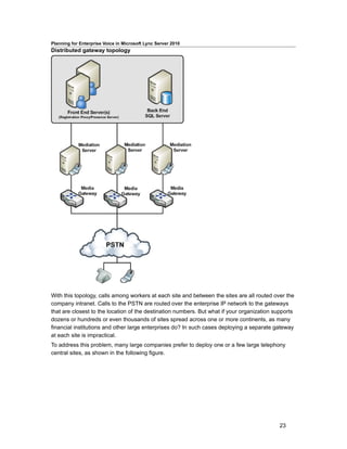 Planning for Enterprise Voice in Microsoft Lync Server 2010
Distributed gateway topology




With this topology, calls among workers at each site and between the sites are all routed over the
company intranet. Calls to the PSTN are routed over the enterprise IP network to the gateways
that are closest to the location of the destination numbers. But what if your organization supports
dozens or hundreds or even thousands of sites spread across one or more continents, as many
financial institutions and other large enterprises do? In such cases deploying a separate gateway
at each site is impractical.
To address this problem, many large companies prefer to deploy one or a few large telephony
central sites, as shown in the following figure.




                                                                                             23
 