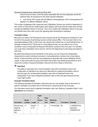 Planning for Enterprise Voice in Microsoft Lync Server 2010
         should not be an issue, since the policy associated with all virtual gateways should be
         identical (they all correspond to the same physical hardware).
         • Lync Server 2010 routes will use different virtual gateways. Each virtual gateway will
         depend on a different Mediation Server.
The number of gateways that a particular pool of Mediation Servers can control is dependent on
the number of calls that are media bypass calls. Bypass calls imply that the media does not flow
through any Mediation Server in the pool. This in turn implies that a Mediation Server in the pool
can handle many more calls, since only signaling layer processing is necessary.

Translation Rules
Microsoft Lync Server 2010 Enterprise Voice requires that all dial strings be normalized to E.164
format for the purpose of performing reverse number lookup (RNL). The trunk peer (that is, the
associated gateway, PBX, or SIP trunk) may require that numbers be in a local dialing format. To
translate numbers from E.164 format to a local dialing format, you can define one or more
translation rules to manipulate the Request URI before routing it to the trunk peer. For example,
you could write a translation rule to remove +44 from the beginning of a dial string and replace it
with 0144.
By performing outbound route translation on the server, you can reduce the configuration
requirements on each individual trunk peer to manipulate phone numbers into a local dialing
format. In planning which and how many gateways to associate with a given Mediation Server
cluster, it may prove useful to group trunk peers with similar local dialing requirements so as to
reduce the number of required translation rules and the time it takes to write them.

    Important:
    The ability to associate one or more translation rules with an Enterprise Voice trunk
    configuration is intended to be used as an alternative to configuring translation rules on
    the trunk peer. Do not associate translation rules with an Enterprise Voice trunk
    configuration if you have configured translation rules on the trunk peer because the two
    rules might conflict.
Example Translation Rules
The following examples of translation rules show how you can develop rules on the server to
perform translation of numbers from E.164 format to a local format for the trunk peer.
For information about how to implement translation rules, see “Defining Translation Rules” in the
Operations documentation.


                                     Digits
                                     to          Digit
                Startin              Remov       s to    Matching
Description     g Digits   Length    e           Add     Pattern         Translation Example

Normal long +1             Exactl    1           0       ^+(1d{10})$   $1         +14255551010
distance                   y 12                                                     becomes
dialing in                                                                          14255551010
US



                                                                                               27
 
