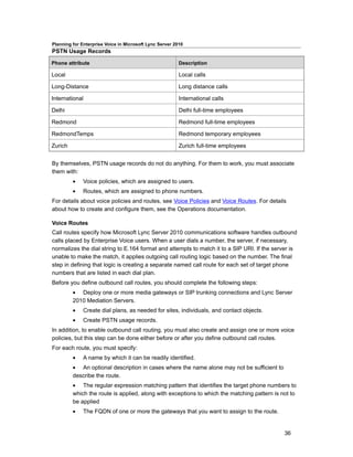 Planning for Enterprise Voice in Microsoft Lync Server 2010
PSTN Usage Records

Phone attribute                                          Description

Local                                                    Local calls

Long-Distance                                            Long distance calls

International                                            International calls

Delhi                                                    Delhi full-time employees

Redmond                                                  Redmond full-time employees

RedmondTemps                                             Redmond temporary employees

Zurich                                                   Zurich full-time employees


By themselves, PSTN usage records do not do anything. For them to work, you must associate
them with:
         •    Voice policies, which are assigned to users.
         •    Routes, which are assigned to phone numbers.
For details about voice policies and routes, see Voice Policies and Voice Routes. For details
about how to create and configure them, see the Operations documentation.

Voice Routes
Call routes specify how Microsoft Lync Server 2010 communications software handles outbound
calls placed by Enterprise Voice users. When a user dials a number, the server, if necessary,
normalizes the dial string to E.164 format and attempts to match it to a SIP URI. If the server is
unable to make the match, it applies outgoing call routing logic based on the number. The final
step in defining that logic is creating a separate named call route for each set of target phone
numbers that are listed in each dial plan.
Before you define outbound call routes, you should complete the following steps:
         • Deploy one or more media gateways or SIP trunking connections and Lync Server
         2010 Mediation Servers.
         •    Create dial plans, as needed for sites, individuals, and contact objects.
         •    Create PSTN usage records.
In addition, to enable outbound call routing, you must also create and assign one or more voice
policies, but this step can be done either before or after you define outbound call routes.
For each route, you must specify:
         •    A name by which it can be readily identified.
         • An optional description in cases where the name alone may not be sufficient to
         describe the route.
         • The regular expression matching pattern that identifies the target phone numbers to
         which the route is applied, along with exceptions to which the matching pattern is not to
         be applied
         •    The FQDN of one or more the gateways that you want to assign to the route.


                                                                                             36
 