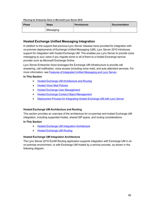 Planning for Enterprise Voice in Microsoft Lync Server 2010

Phase                  Steps                       Permissions                 Documentation

                       Messaging.



Hosted Exchange Unified Messaging Integration
In addition to the support that previous Lync Server releases have provided for integration with
on-premise deployments of Exchange Unified Messaging (UM), Lync Server 2010 introduces
support for integration with hosted Exchange UM. This enables you Lync Server to provide voice
messaging to your users if you migrate some or all of them to a hosted Exchange service
provider such as Microsoft Exchange Online.
Lync Server Enterprise Voice leverages the Exchange UM infrastructure to provide call
answering, call notification, voice access (including voice mail), and auto attendant services. For
more information, see Features of Integrated Unified Messaging and Lync Server.
In This Section
         •    Hosted Exchange UM Architecture and Routing
         •    Hosted Voice Mail Policies
         •    Hosted Exchange User Management
         •    Hosted Exchange Contact Object Management
         •    Deployment Process for Integrating Hosted Exchange UM with Lync Server



Hosted Exchange UM Architecture and Routing
This section provides an overview of the architecture for on-premise and hosted Exchange UM
integration, including supported modes, shared SIP space, and routing considerations.
In This Section
         •    Hosted Exchange UM Integration Architecture
         •    Hosted Exchange UM Routing

Hosted Exchange UM Integration Architecture
The Lync Server 2010 ExUM Routing application supports integration with Exchange UM in an
on-premise environment, or with Exchange UM hosted by a service provider, as shown in the
following diagram.




                                                                                             48
 