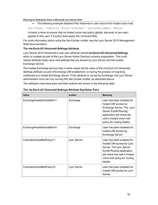 Planning for Enterprise Voice in Microsoft Lync Server 2010
         •    The following example disables Pilar Ackerman’s user account for hosted voice mail:
    Set-CsUser -Identity “Pilar Ackerman” –HostedVoiceMail $False
    A check is done to ensure that no hosted voice mail policy (global, site-level or per-user)
    applies to this user. If a policy does apply, the command fails.
For more information about using the Set-CsUser cmdlet, see the Lync Server 2010 Management
Shell documentation.
The ms-Exch-UC-Voicemail-Settings Attribute
Lync Server 2010 introduced a new user attribute named ms-Exch-UC-Voicemail-Settings,
which is created as part of the Lync Server Active Directory schema preparation. This multi-
valued attribute holds voice mail settings that are shared by Lync Server and the hosted
Exchange service.
The hosted Exchange service may in some cases set the value of the ms-Exch-UC-Voicemail-
Settings attribute as part of Exchange UM enablement, or during the process of migrating
mailboxes to a hosted Exchange Server. If this attribute is not set by Exchange, the Lync Server
administrator must set it by running the Set-CsUser cmdlet, as described above.
The attribute’s key/value pairs and their authors are shown in the following table.

The ms-Exch-UC-Voicemail-Settings Attribute Key/Value Pairs

Value                                        Author                    Meaning

ExchangeHostedVoiceMail=1                    Exchange                  User has been enabled for
                                                                       hosted UM access by
                                                                       Exchange Server. The Lync
                                                                       Server ExUM Routing
                                                                       application will check the
                                                                       user’s hosted voice mail
                                                                       policy for routing details.

ExchangeHostedVoiceMail=0                    Exchange                  User has been disabled for
                                                                       hosted UM access by
                                                                       Exchange Server.

CsHostedVoiceMailPolicy=1                    Lync Server               User has been enabled for
                                                                       hosted UM access by Lync
                                                                       Server. The Lync Server
                                                                       ExUM Routing application
                                                                       will check the user’s hosted
                                                                       voice mail policy for routing
                                                                       details.

CsHostedVoiceMailPolicy=0                    Lync Server               User has been disabled for
                                                                       hosted UM access by Lync
                                                                       Server.




                                                                                              54
 