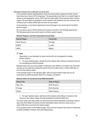 Planning for Enterprise Voice in Microsoft Lync Server 2010
    In the example network topology above, there are three network regions and three central
    sites where Lync Server 2010 is deployed. The appropriate central site for a network region is
    chosen by the geographic vicinity. Given that the media traffic will be heaviest within network
    regions, the ownership by geographic vicinity makes it self-contained and will continue to be
    functional even if other central sites are down for any reason.
    In this example, a Lync Server deployment named Chicago is the central site for the North
    America region.
    All Lync Server users in North America are homed on servers in the Chicago deployment.
    The following table shows central sites for all three network regions.

    Network Regions and their Associated Central Sites

    Network Region                                            Central Site

    North America                                             Chicago

    EMEA                                                      London

    APAC                                                      Beijing


         Note:
         Depending on your topology, the same central site can be assigned to multiple
         network regions.
         3. For each network region, identify all of the network sites (offices or locations) that are
         not constrained by WAN bandwidth.
    Because these sites are not bandwidth constrained, their WANs do not need to be monitored
    and they do not need CAC bandwidth policies that limit media (voice or video) traffic flow to
    and from the network region.
    In the example shown in the following table, there are three network sites that are not
    constrained by WAN bandwidth: New York, Chicago, and Detroit.

    Network Sites not Constrained by WAN Bandwidth

    Network Site                                              Network Region

    New York                                                  North America

    Chicago                                                   North America

    Detroit                                                   North America


         4. For each network region, identify all of the network sites (offices or locations) that
         connect to the network region through bandwidth-constrained WAN links.
    To ensure audio and video quality, we recommend that these bandwidth-constrained network
    sites have their WANs monitored and CAC bandwidth policies that limit media (voice or
    video) traffic flow to and from the network region.
    In the example shown in the following table, there are three network sites that are constrained
    by WAN bandwidth: Portland, Reno and Albuquerque.


                                                                                               65
 