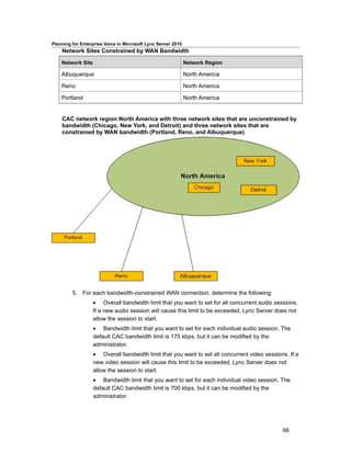 Planning for Enterprise Voice in Microsoft Lync Server 2010
    Network Sites Constrained by WAN Bandwidth

    Network Site                                              Network Region

    Albuquerque                                               North America

    Reno                                                      North America

    Portland                                                  North America


    CAC network region North America with three network sites that are unconstrained by
    bandwidth (Chicago, New York, and Detroit) and three network sites that are
    constrained by WAN bandwidth (Portland, Reno, and Albuquerque)




         5. For each bandwidth-constrained WAN connection, determine the following:
                   • Overall bandwidth limit that you want to set for all concurrent audio sessions.
                   If a new audio session will cause this limit to be exceeded, Lync Server does not
                   allow the session to start.
                   • Bandwidth limit that you want to set for each individual audio session. The
                   default CAC bandwidth limit is 175 kbps, but it can be modified by the
                   administrator.
                   • Overall bandwidth limit that you want to set all concurrent video sessions. If a
                   new video session will cause this limit to be exceeded, Lync Server does not
                   allow the session to start.
                   • Bandwidth limit that you want to set for each individual video session. The
                   default CAC bandwidth limit is 700 kbps, but it can be modified by the
                   administrator.




                                                                                              66
 
