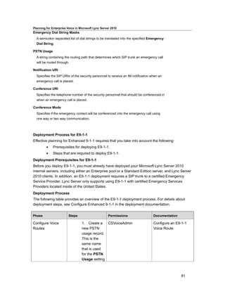 Planning for Enterprise Voice in Microsoft Lync Server 2010
Emergency Dial String Masks
  A semicolon separated list of dial strings to be translated into the specified Emergency
  Dial String.

PSTN Usage
  A string containing the routing path that determines which SIP trunk an emergency call
  will be routed through.

Notification URI
  Specifies the SIP URIs of the security personnel to receive an IM notification when an
  emergency call is placed.

Conference URI
  Specifies the telephone number of the security personnel that should be conferenced in
  when an emergency call is placed.

Conference Mode
  Specifies if the emergency contact will be conferenced into the emergency call using
  one way or two way communication.



Deployment Process for E9-1-1
Effective planning for Enhanced 9-1-1 requires that you take into account the following:
         •    Prerequisites for deploying E9-1-1.
         •    Steps that are required to deploy E9-1-1.
Deployment Prerequisites for E9-1-1
Before you deploy E9-1-1, you must already have deployed your Microsoft Lync Server 2010
internal servers, including either an Enterprise pool or a Standard Edition server, and Lync Server
2010 clients. In addition, an E9-1-1 deployment requires a SIP trunk to a certified Emergency
Service Provider. Lync Server only supports using E9-1-1 with certified Emergency Services
Providers located inside of the United States.
Deployment Process
The following table provides an overview of the E9-1-1 deployment process. For details about
deployment steps, see Configure Enhanced 9-1-1 in the deployment documentation.


Phase                    Steps                       Permissions                  Documentation

Configure Voice                   1. Create a   CSVoiceAdmin                      Configure an E9-1-1
Routes                            new PSTN                                        Voice Route
                                  usage record.
                                  This is the
                                  same name
                                  that is used
                                  for the PSTN
                                  Usage setting



                                                                                                  81
 