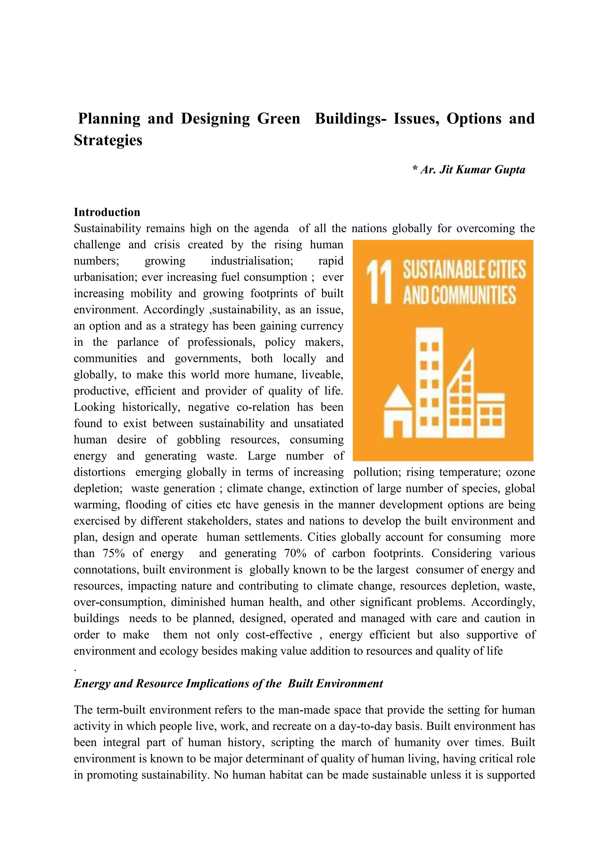 Planning and Designing Green buildings-.issues, options and strategies ...