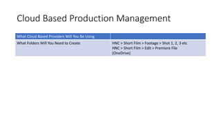 Cloud Based Production Management
What Cloud Based Providers Will You Be Using
What Folders Will You Need to Create HNC > Short Film > Footage > Shot 1, 2, 3 etc
HNC > Short Film > Edit > Premiere File
(OneDrive)
 