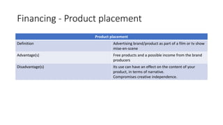 Financing - Product placement
Product placement
Definition Advertising brand/product as part of a film or tv show
mise-en-scene
Advantage(s) Free products and a possible income from the brand
producers
Disadvantage(s) Its use can have an effect on the content of your
product, in terms of narrative.
Compromises creative independence.
 
