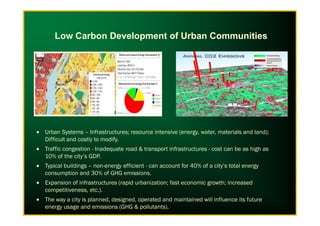 Low Carbon Development of Urban Communities
• Urban Systems – Infrastructures; resource intensive (energy, water, materials and land);
Difficult and costly to modify.
• Traffic congestion - Inadequate road & transport infrastructures - cost can be as high as
10% of the city’s GDP.
• Typical buildings – non-energy efficient - can account for 40% of a city’s total energy
consumption and 30% of GHG emissions.
• Expansion of infrastructures (rapid urbanization; fast economic growth; increased
competitiveness, etc.).
• The way a city is planned, designed, operated and maintained will influence its future
energy usage and emissions (GHG & pollutants).
 