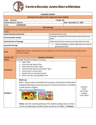 PLANNING FORMAT
Planning of the subject of the Lengua Extranjera (English)
Level: Primaria Grade: 3rd
School: Marcos E. Becerra Date: December 5-9, 2022
C.C.T.: 27DPR0433R
Key Learnings
Recognizes and uses some everyday expressions commonly used in basic, personal, and habitual exchanges to meet immediate
needs.
Social learning environment Familialand Community
Communicative activity
Exchanges associated with information about oneself and
others
Social practice of language Understand and share expressions to get what you need.
Expected learnings
 Listen to dialogues in which expressions are used to
get what you want.
Cycle
cycle 2 Approximate: understands and uses English to interact with basic expressions widely used in
common contexts.
Duration: 50' Schedule of Activities
Material
Theme Greetings farewells and signs of courtesy.
Vocabulary
 Hello: Hello
 Good morning: Buenos Dias
 Good afternoon (12pm -5pm)
 Good evening: Buenas tardes (6pm -8pm)
 How are you? ¿Como estas?
 Good to see you: Que bueno verte
 Nice to see you: Que agradable verte
SESSION 1
Warm up:
With a dynamic where all students will participate, this dynamic will be done
singing and dancing as well as pointing out the parts of a house as a window
or wall clearly in English.
https://youtu.be/CRdaBzHyVww
Home: start the clasand greeting all the students asking, how are they? ,
as well as explaining to students what we will see in English. 5 minutes
projector
Pencil
Fact sheets
Imagery
Yurés ribbon
 