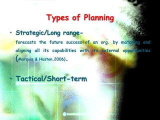 Types of Planning
• Strategic/Long range-
 forecasts the future success of an org. by matching and
 aligning all its capabilities with its external opportunities
 (Marquis & Huston,2006).

• Tactical/Short-term
 