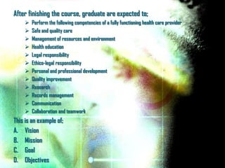 After finishing the course, graduate are expected to;
       Perform the following competencies of a fully functioning health care provider
       Safe and quality care
       Management of resources and environment
       Health education
       Legal responsibility
       Ethico-legal responsibility
       Personal and professional development
       Quality improvement
       Research
       Records management
       Communication
       Collaboration and teamwork
This is an example of;
A. Vision
B. Mission
C. Goal
D. Objectives
 