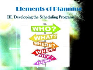 Elements of Planning
III. Developing the Scheduling Programs
 