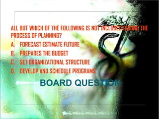 ALL BUT WHICH OF THE FOLLOWING IS NOT INCLUDED DURING THE
PROCESS OF PLANNING?
A. FORECAST ESTIMATE FUTURE
B. PREPARES THE BUDGET
C. SET ORGANIZATIONAL STRUCTURE
D. DEVELOP AND SCHEDULE PROGRAMS

           BOARD QUESTION
 